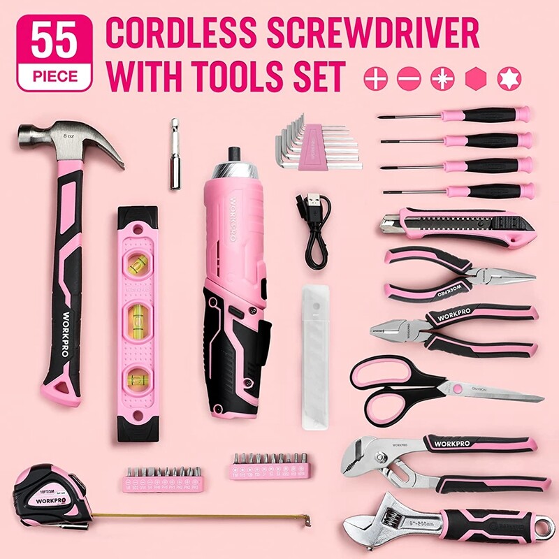WORKPRO 55-Piece Tool Set Household Tool Kit 3.7V Rotatable Cordless Screwdriver