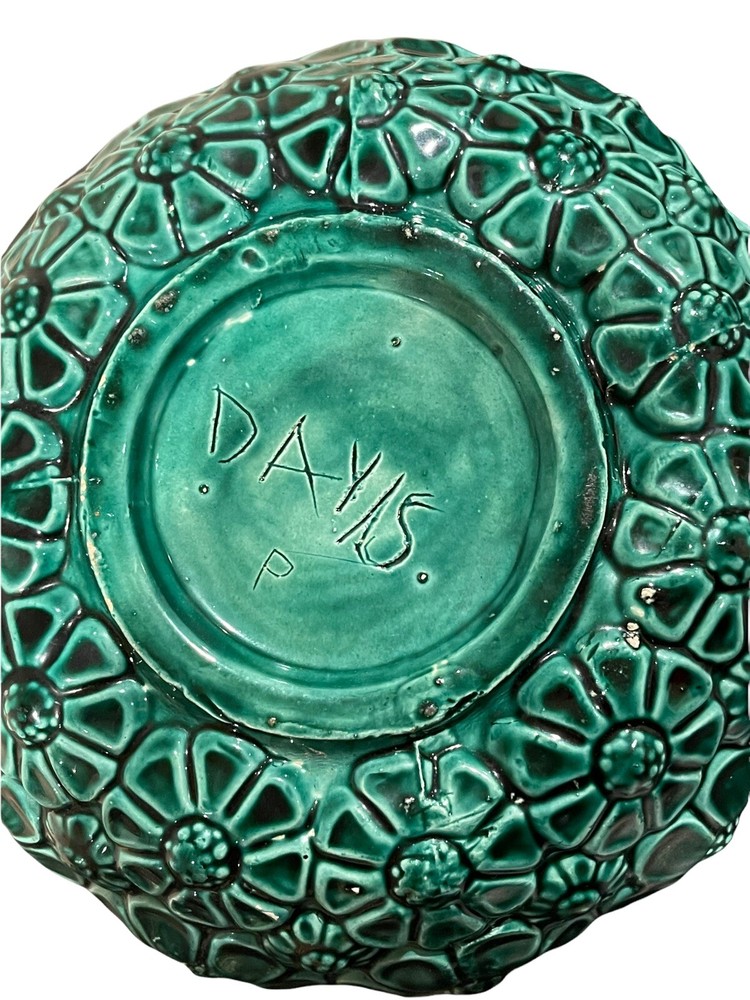 Vintage Signed Handmade Pottery Green Glazed Daisy Pattern Flower Basket Planter