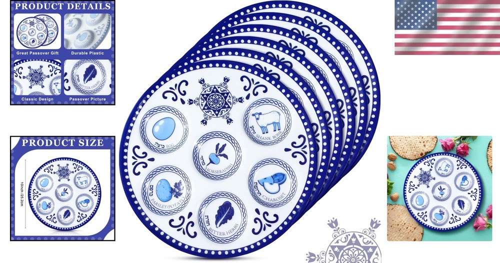 Disposable 6 Pack Seder Plates in Blue Renaissance - Dishwasher Safe & Stackable