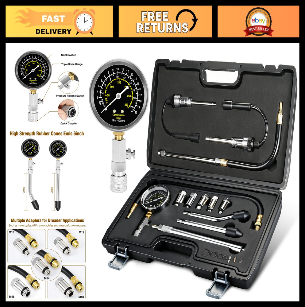 13pcs Compression Tester & Spark Plug Tester - 300PSI Engine Gauge Tool