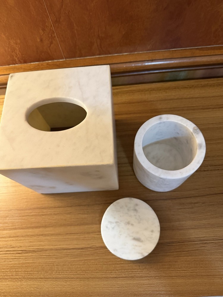 Brand New Solid Carrara Marble Tissue Box Cover & Matching Lidded Jar-READ