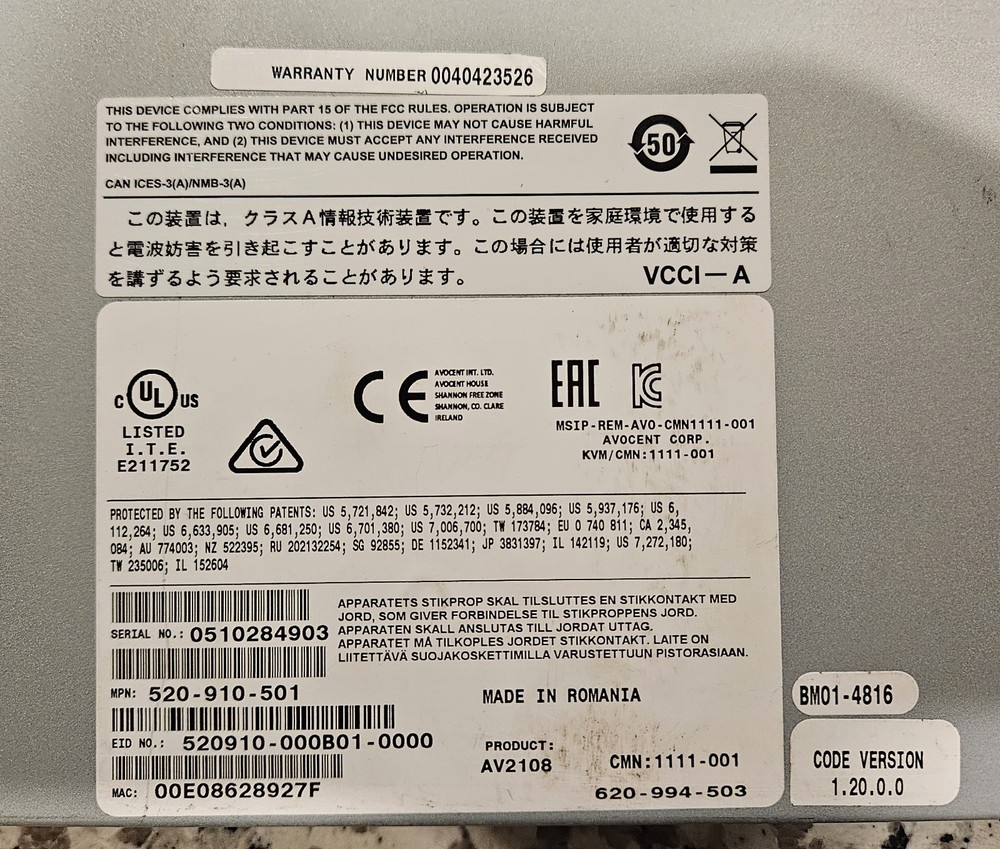 EMERSON NETWORK POWER AVOCENT AV AV2108 SWITCH