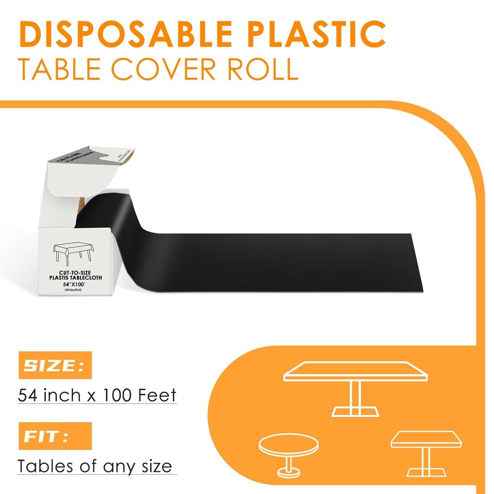 Black Disposable Plastic Table Cloth Roll 54" X 100', Plastic Table Cover wit...