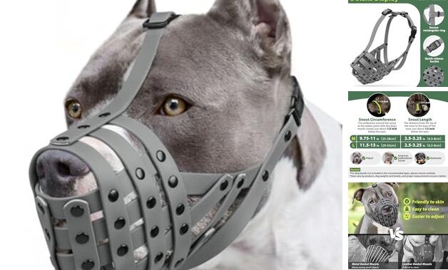 Pitbull Muzzle, Lightweight Basket Muzzle for M [Snout Cir: 9.75"-11"] Grey