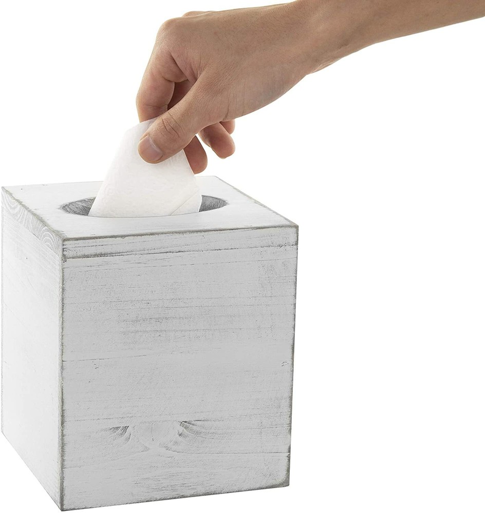 White Wood Decorative Tissue Box Cover w/ Slide-out Bottom Panel, Tissue Holder