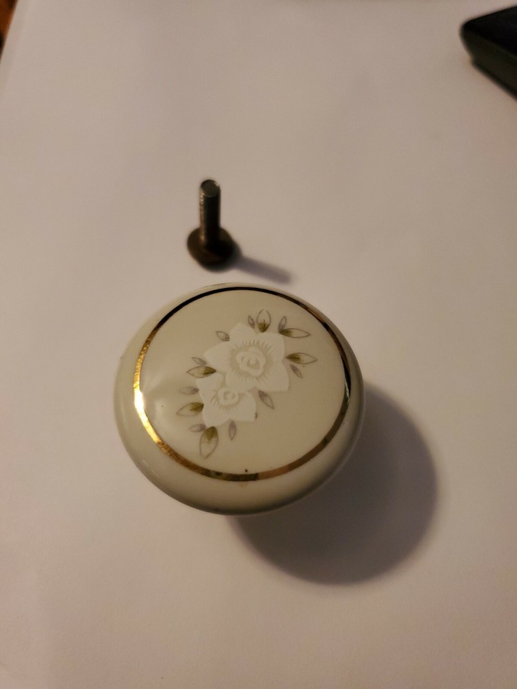 Vtg White PORCELAIN White FLOWER gold trim Cabinet Drawer Pull Knobs Hardware