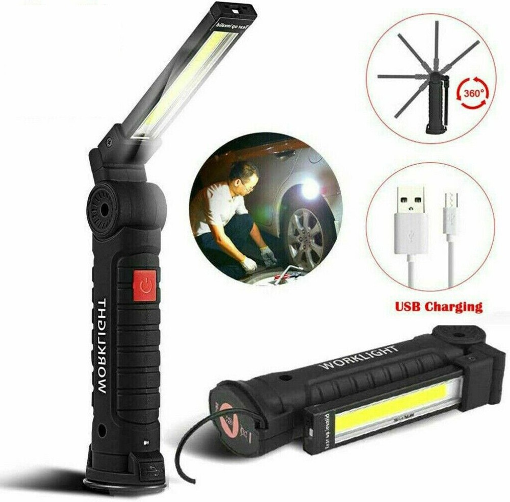 2 Super Bright USB Rechargeable COB LED Work Light Flashlight Folding Torch Lamp