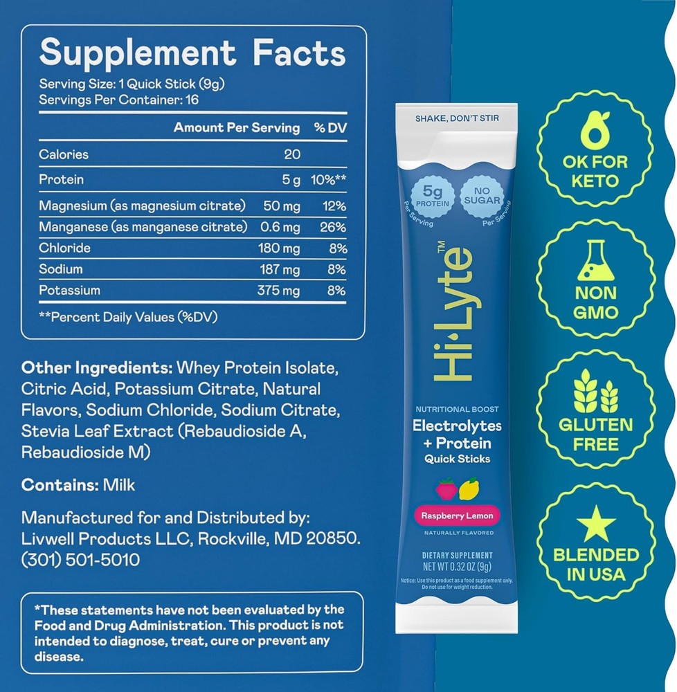 Hi-Lyte Electrolytes + Protein Quick Sticks Raspberry Lemon - 16 Servings Keto