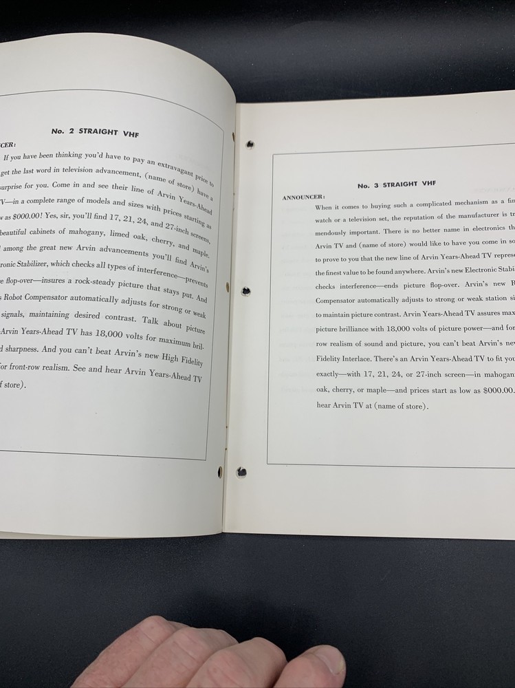 1954 Arvin Television Scripts For Radio Spots-Excellent