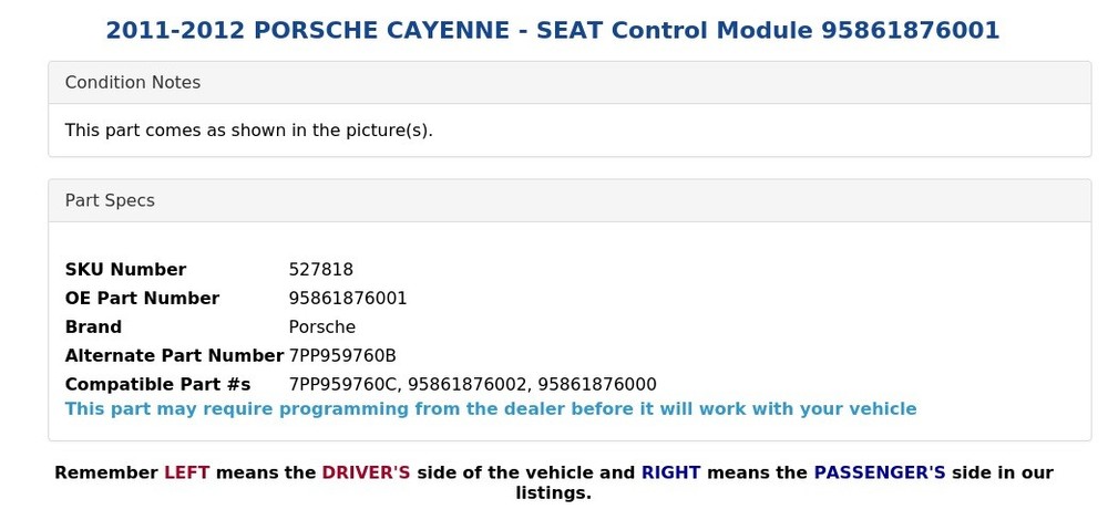 2011-2012 PORSCHE CAYENNE - SEAT Control Module 95861876001