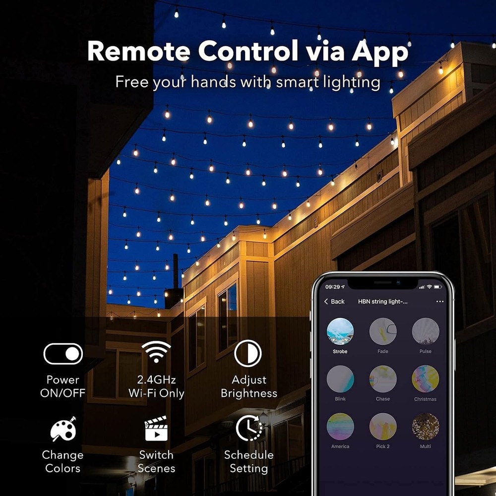 24 Ft Smart Outdoor String Lights RGBCW Color Changing Dimmable Patio String