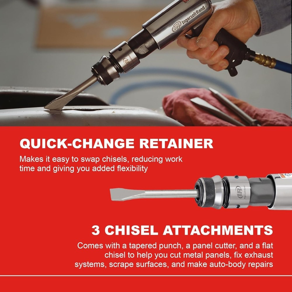Air Hammer, 3 PC Chisel Set, Tapered Punch, Panel Cutter, Flat Chisel, 2-5/8 Inc