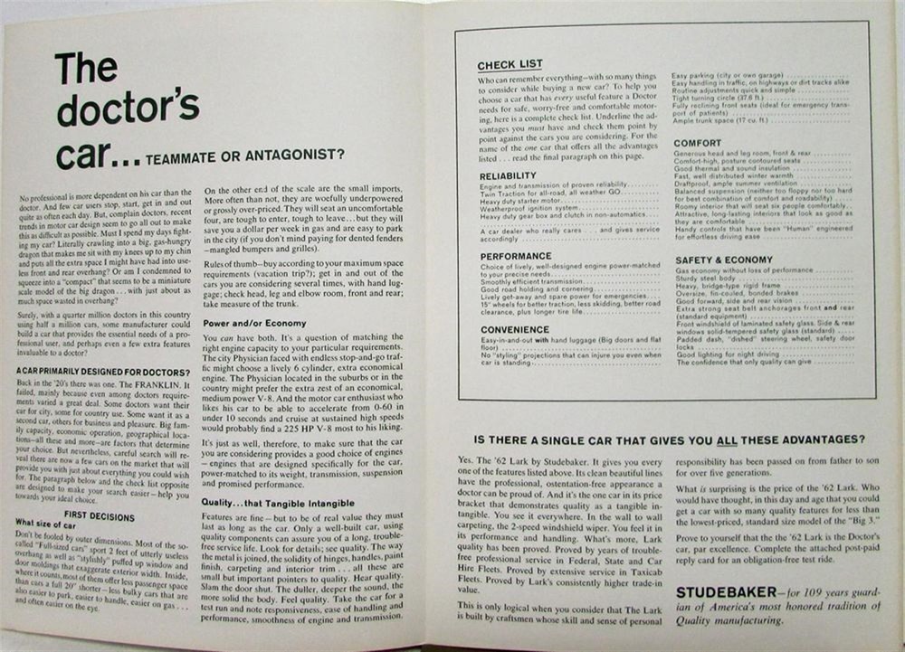 1962 Studebaker Lark Sales Folder Bus Reply Card Test Drive Targeting Doctors
