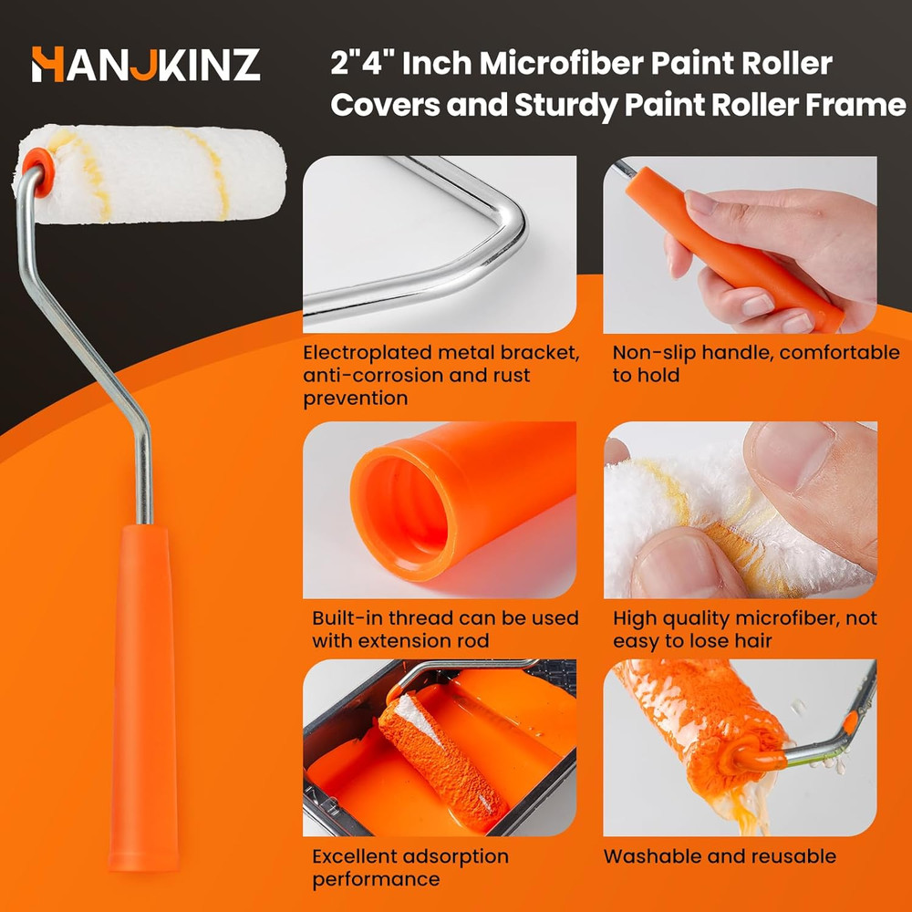 50 Pack Microfiber Paint Roller Covers 2" 4" Mini Rollers With Frame 3/8 Nap Kit