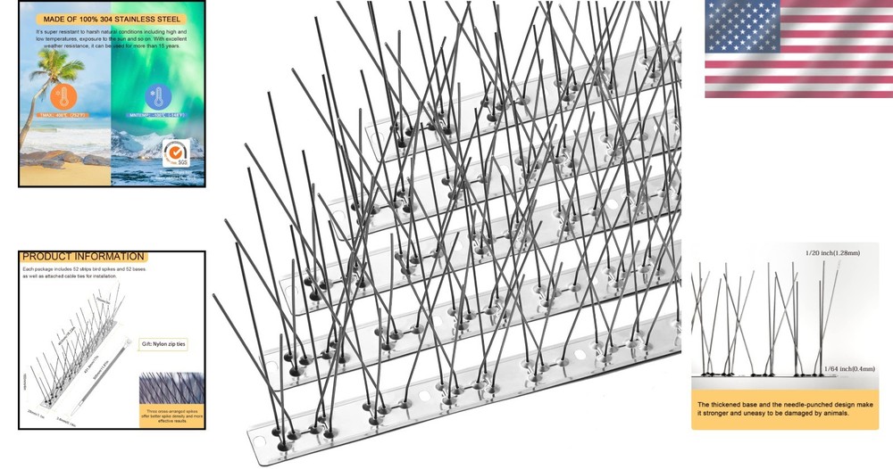 Efficient 73.7 Feet Stainless Steel Bird Spike Kit - 52 Pieces for Full Coverage