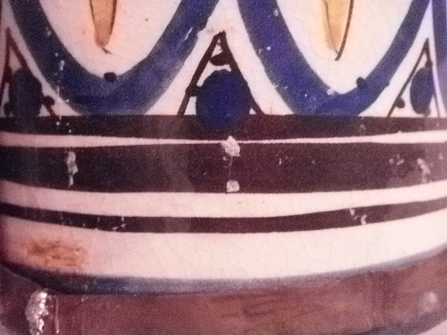 SAFI MOROCCO CERAMIC VASE WITH BRASS STRAPS MIDDLE EASTERN PATTERNS BLUE YELLOW