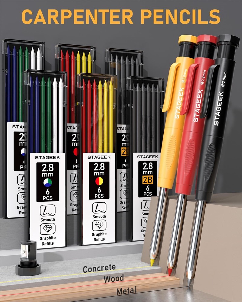 34 Pack Carpenter Pencil Set with Sharpener Mechanical Carpenter Pencils with...