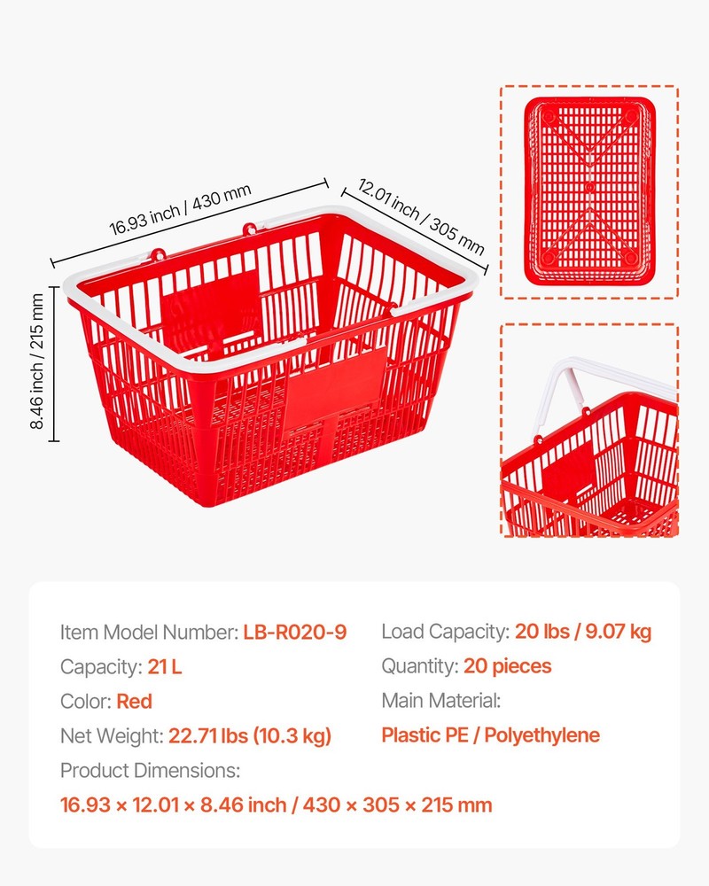 Shopping Baskets, 20 PCS, 21L Stackable PE Plastic Grocery Baskets with Handles,