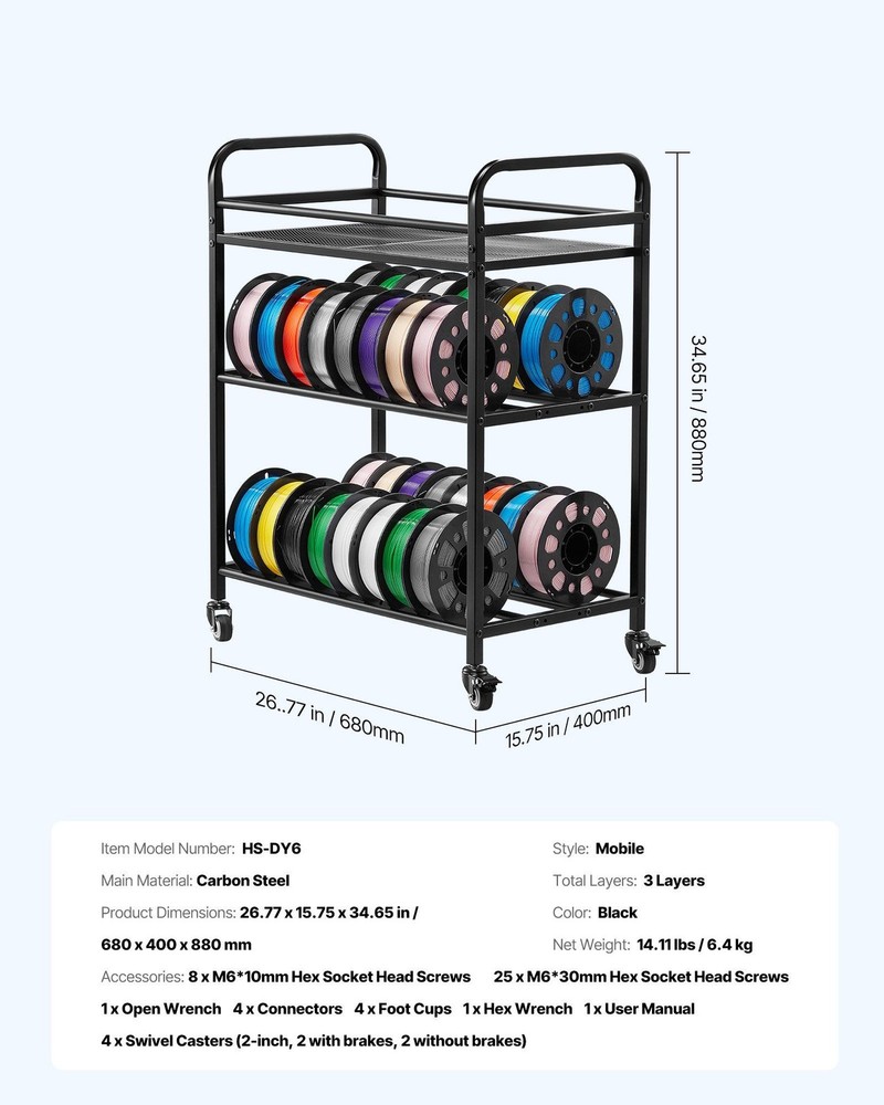 Ergonomic 3-Level Filament Rack 280lb Load Space Saving Rollable