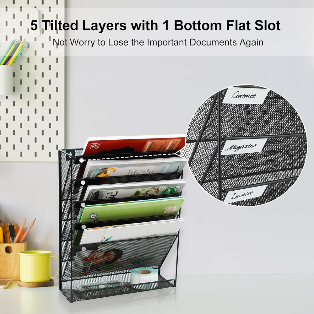 5 Tier Wall File Holder, Mesh Hanging Folder Organizer with Classify Label, Vers