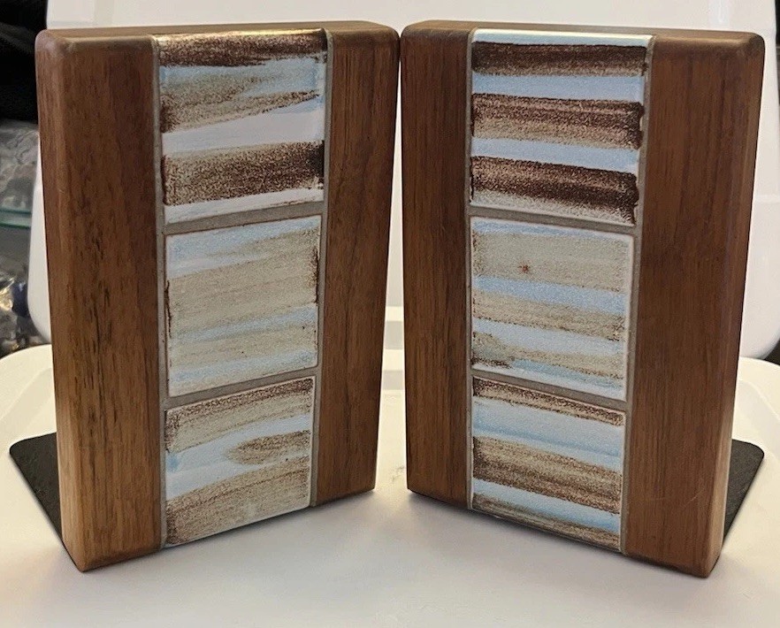 Gordon Jane Martz For Marshall Studios Ceramic Tile Walnut Bookends MCM 1960s