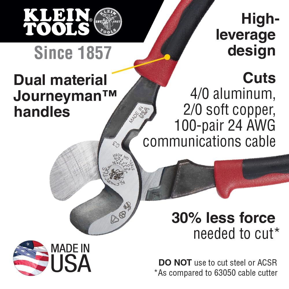 Klein Tools Journeyman High Leverage Cable Cutter for Aluminum Copper Cable