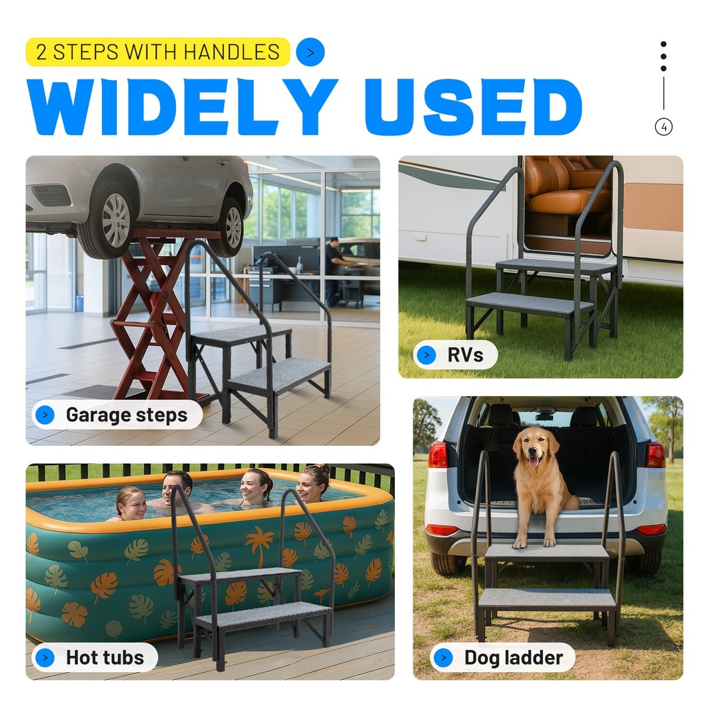 2 Step RV Steps with 2 Handrails w/Step Mat 660 lbs Load Capacity For Trailers