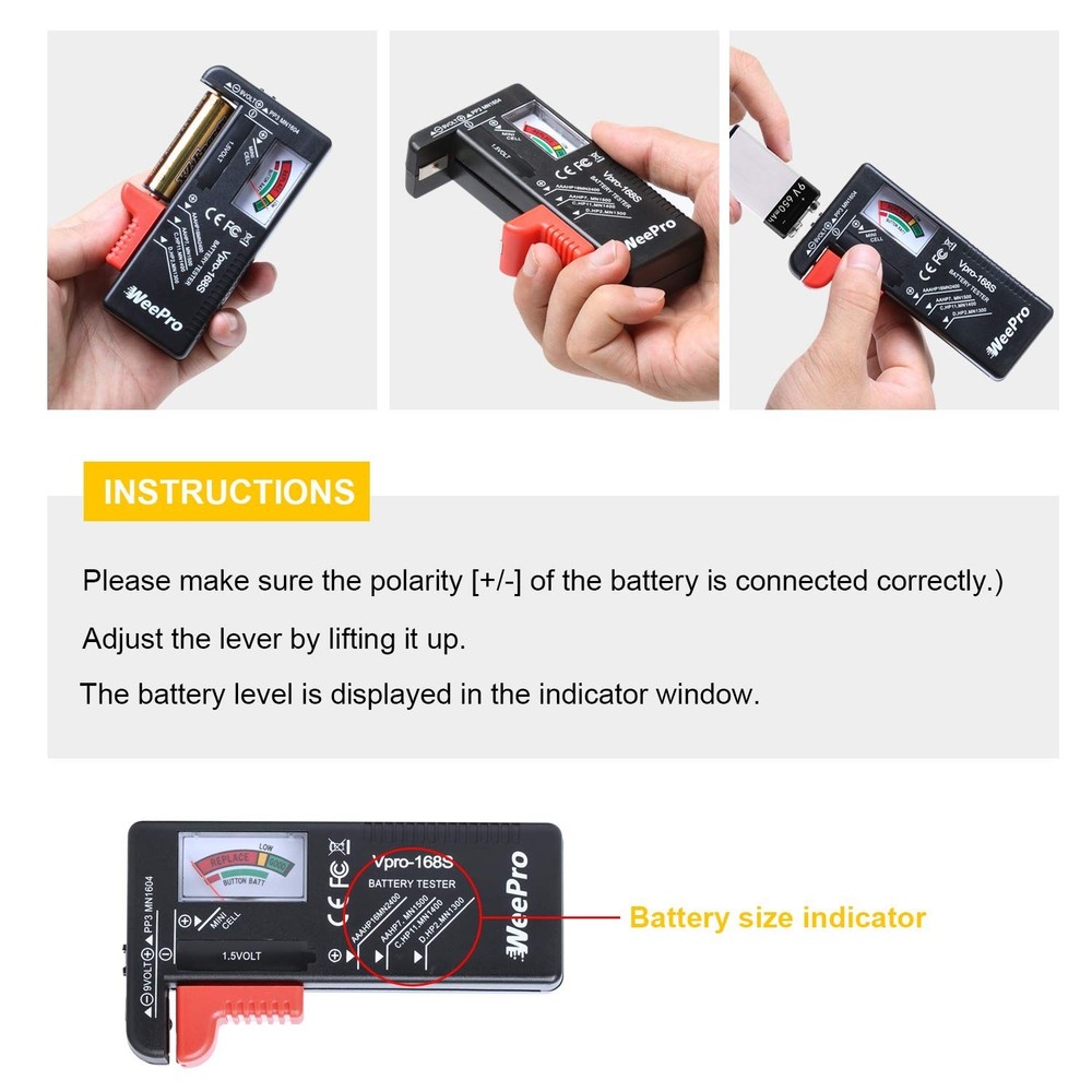 Universal Battery Checker - Small Battery Tester for AAA, AA, C, D, 9V, 1.5V,...
