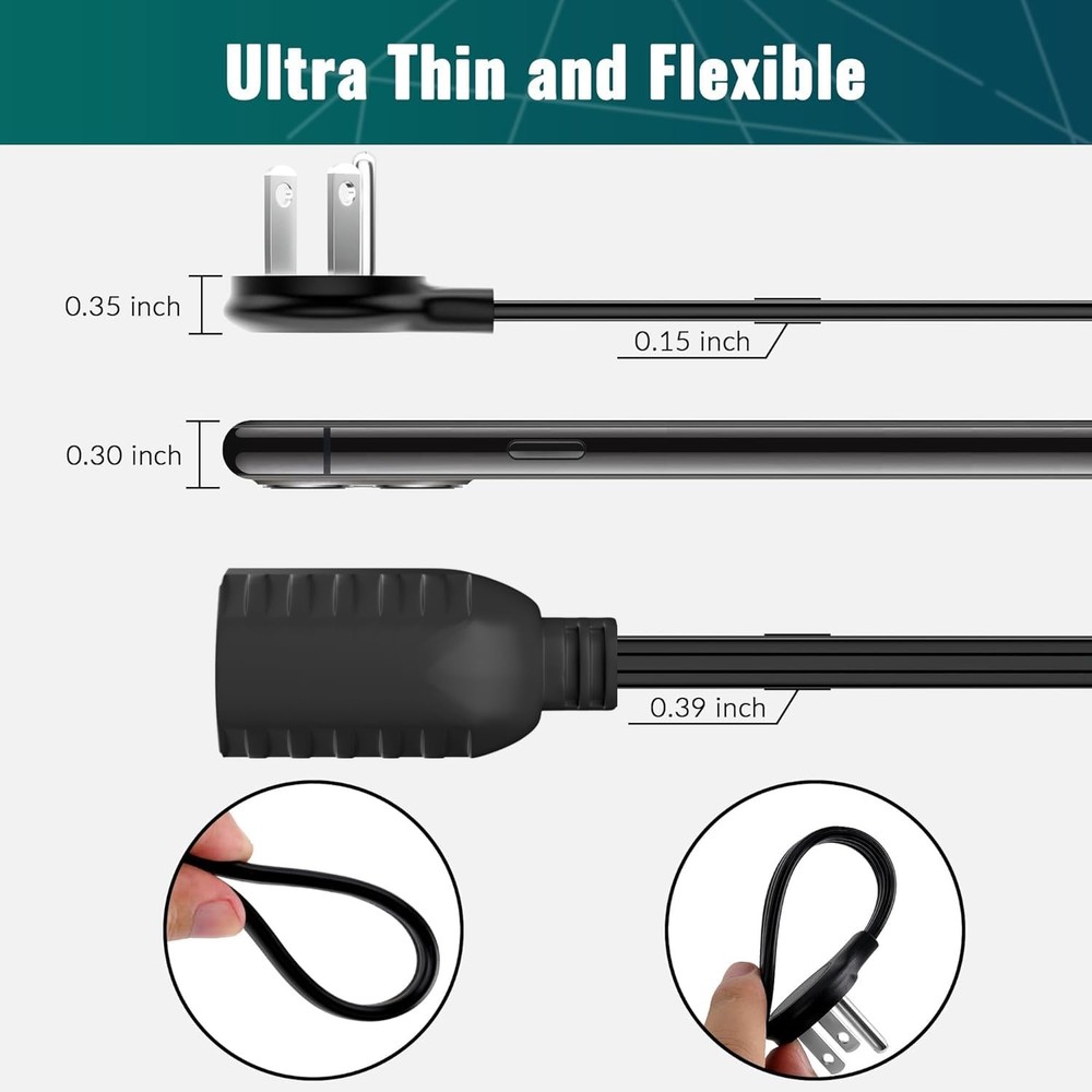 Elecan Flat Plug Extension Cord 4 Ft 2 Pack with Slim Space-Saving Plug Desig...