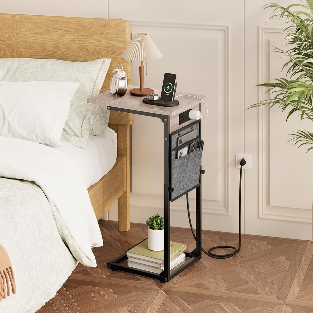 C Shaped End Table W/ Charging Station Adjustable Height Side Table Couch
