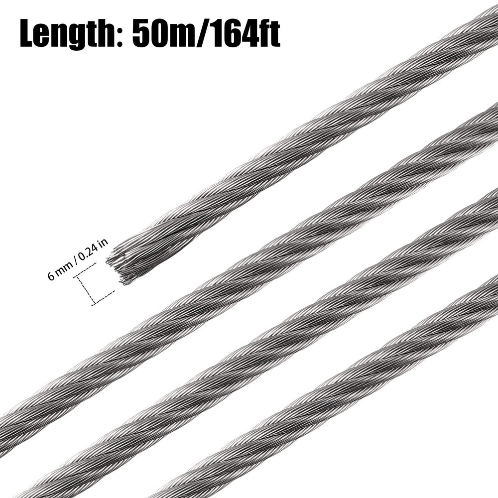 164 Ft Wire Rope, Thickened 1/4 Stainless Steel Cable, 6400lbs Silver