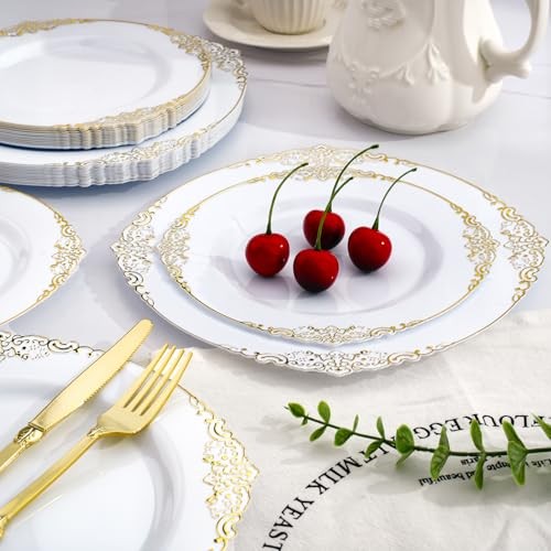 3PCS and Gold Plastic Plates, Plastic Dinnerware Set for Guests, 100 50 White