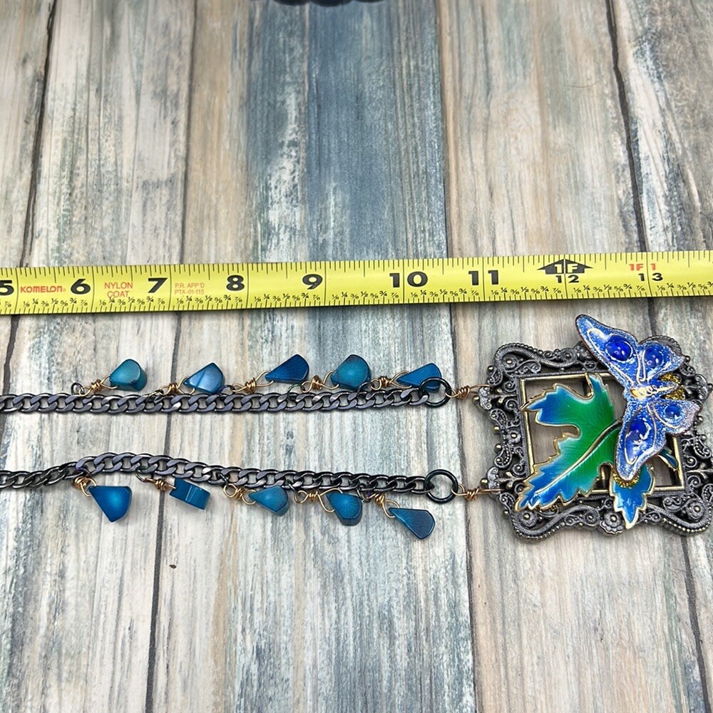 Adorned Crown Artisan Assemblage enamel blue framed butterfly leaf necklace