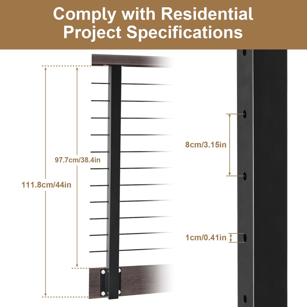 2 Pack Side Mount Cable Railing Post 38" Black Indoor Outdoor Deck Post