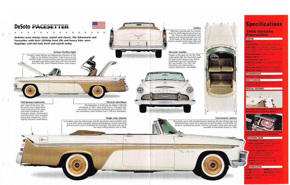 1956 DeSoto PACESETTER SPEC SHEET / Brochure / Catalog