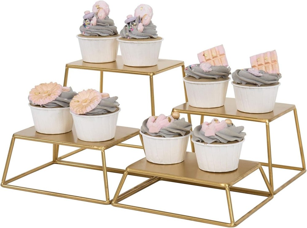 4PC Modern Brass Tone Metal Nesting Buffet Table Food or Retail Display Risers