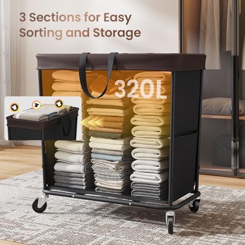 Laundry Basket with Wheels, 3-Section Rolling Hamper for 320L Black-3 Section