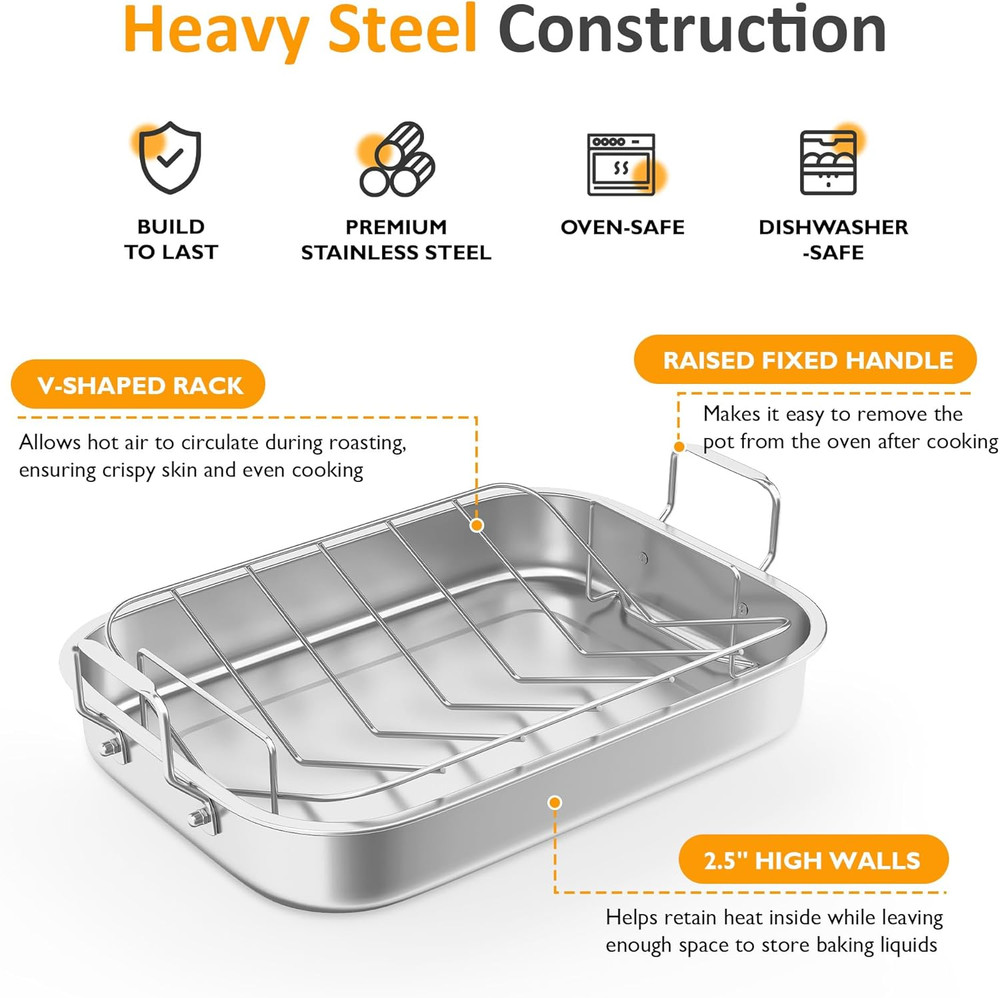 15.6'' Roasting Pan with V-Shaped Rack, Rectangular Lasagna Pan with Handle, Non