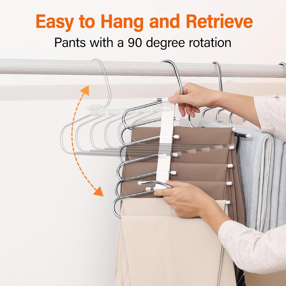 Upgraded Collapsible Pants Hangers Space Saving, 6 Layers 2 Pack, Silver