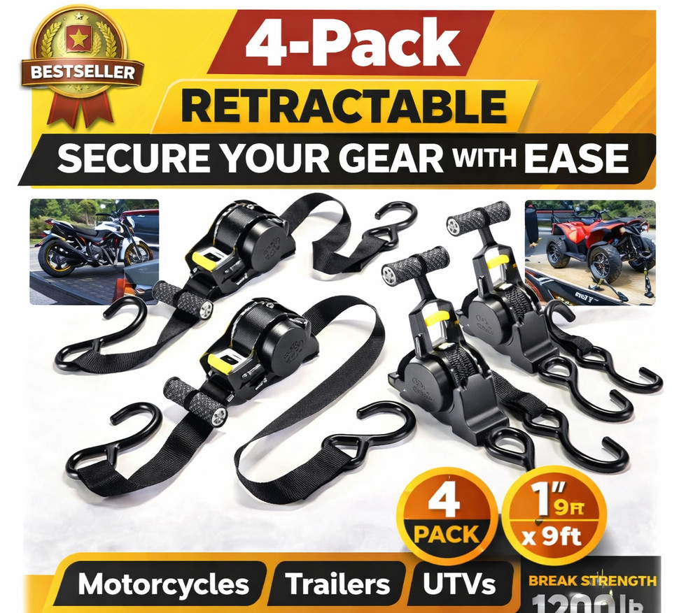 Retractable Ratchet Straps- (4 Pack) 1" x 10' 1200lb