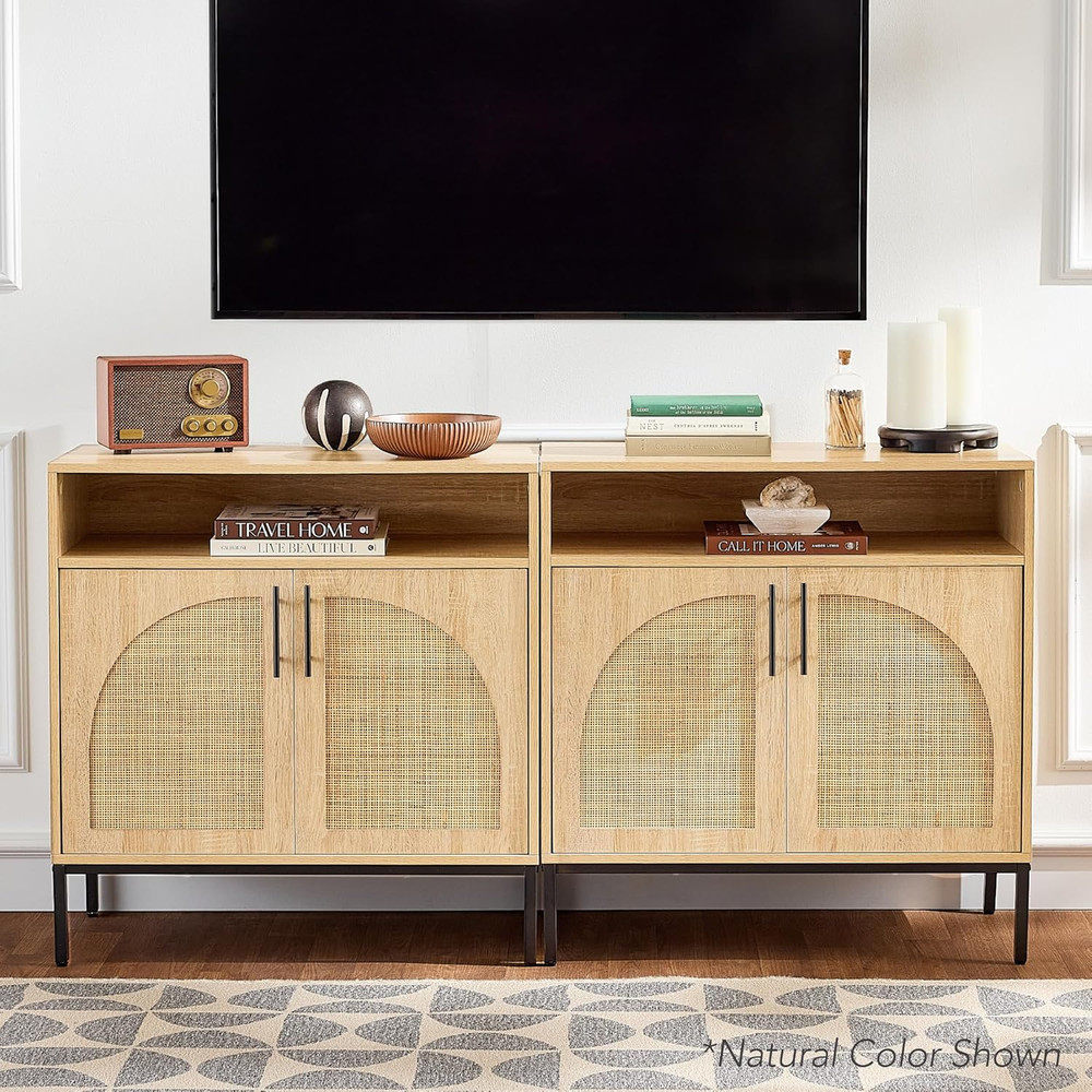White Rattan Sideboard Buffet Cabinet - Stylish Accent Console Table