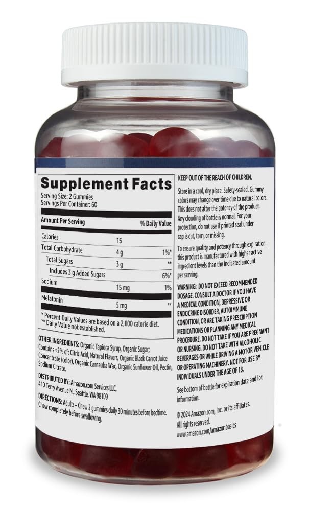 Amazon Basics Melatonin, Sleep Support Gummies, 120 count (Pack of 1)
