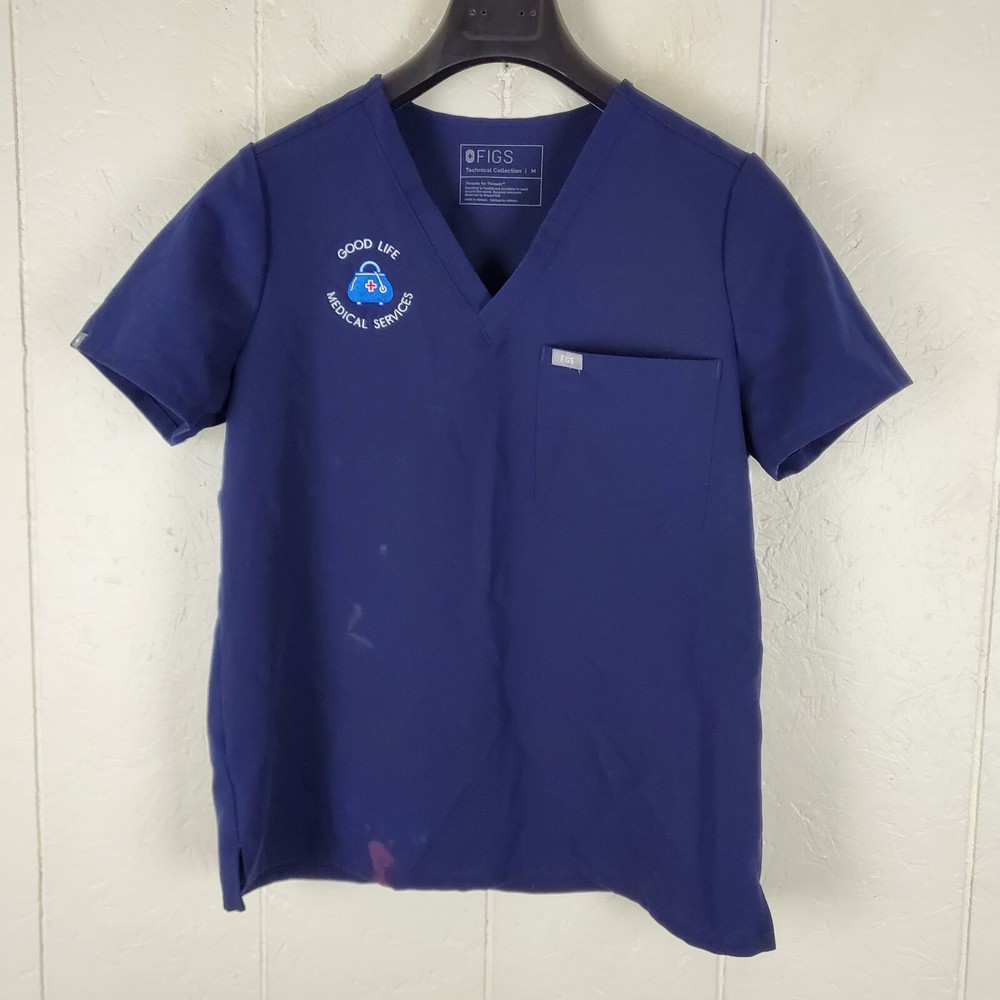 Figs Scrub Top Womens Medium Blue V Neck Short Sleeve Pocket Stretch Pullover