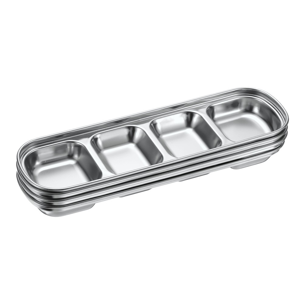 4pcs Metal Dish Dipping with 4 Rectangular Compartment Divided Silver