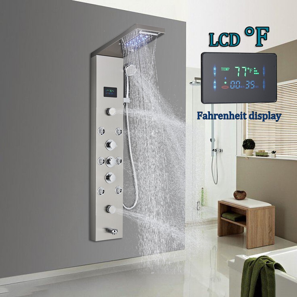 Rain&Waterfall LED Light Shower Panel Tower System Massage Jet Brushed Nickel