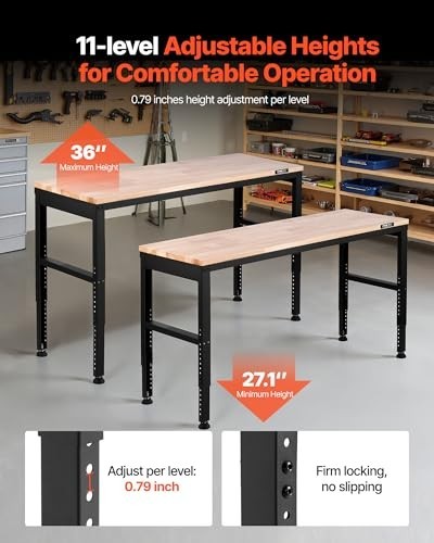 Heavy Duty Adjustable Workbench 2000 lbs Capacity, 61"x20", Height Adjustable 27