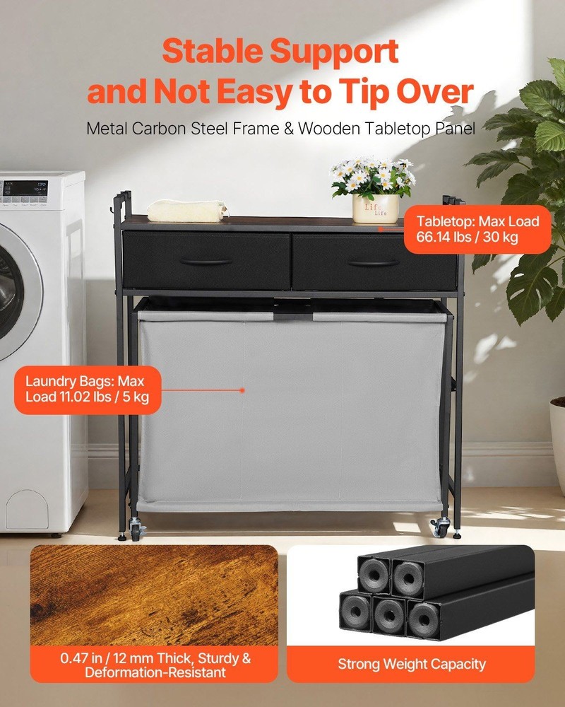 3-Section 29.4Gal Rolling Cabinet with Laundry Bins, Wall-Mount Ready