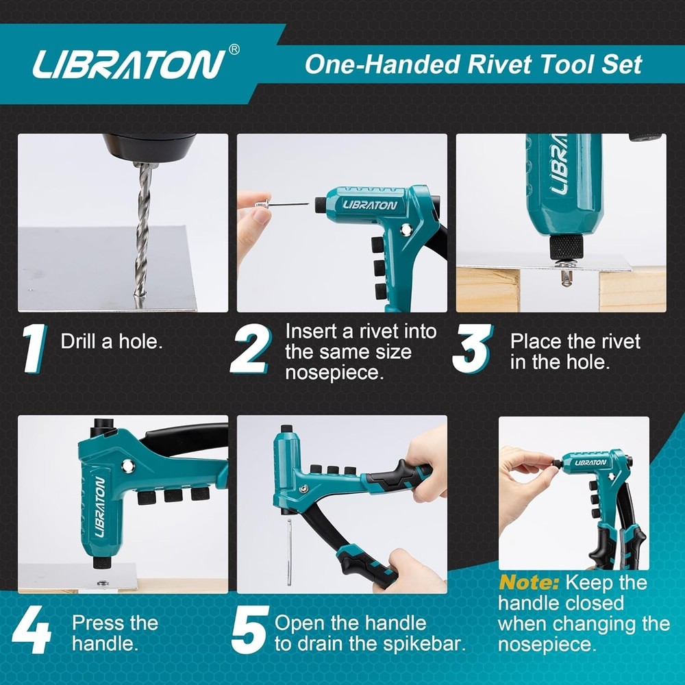 Professional Heavy-Duty Pop Rivet Gun with Tool-Free Interchangeable Heads