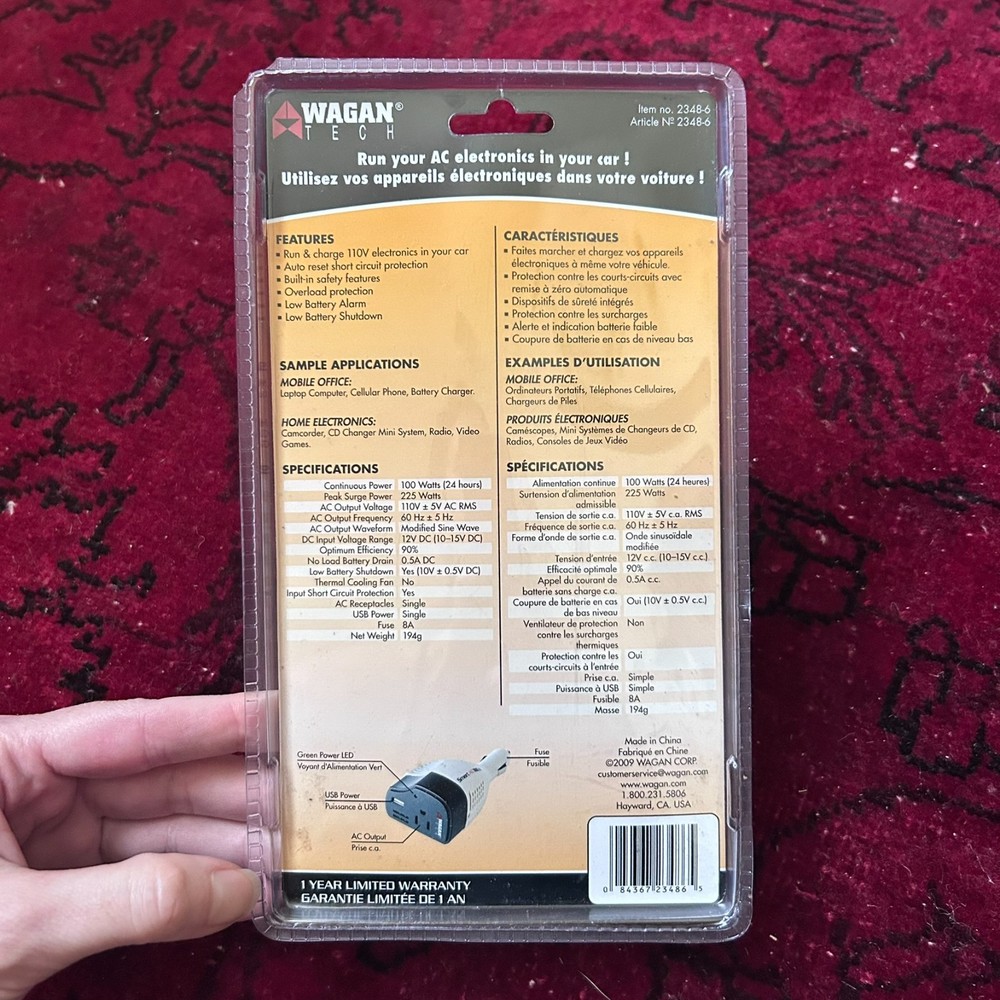 New Wagan Tech Smart AC 100 Watt USB 12-Volt Inverter 2348-6 12V DC To AC In Car