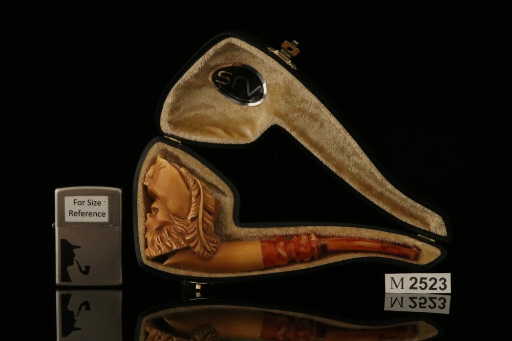 srv - Pirate Skull Block Meerschaum Pipe with custom case M2523
